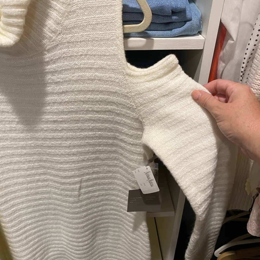 Off white turtleneck dress with open shoulder and long sleeve